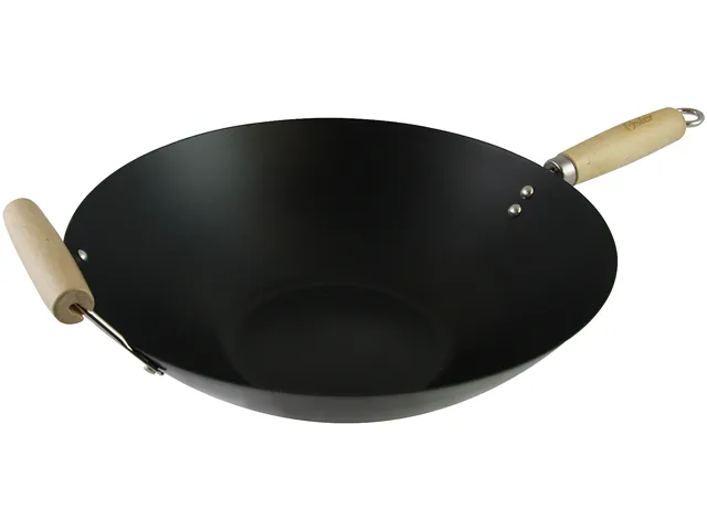 Black carbon steel wok with wooden handle, 13.77 inches