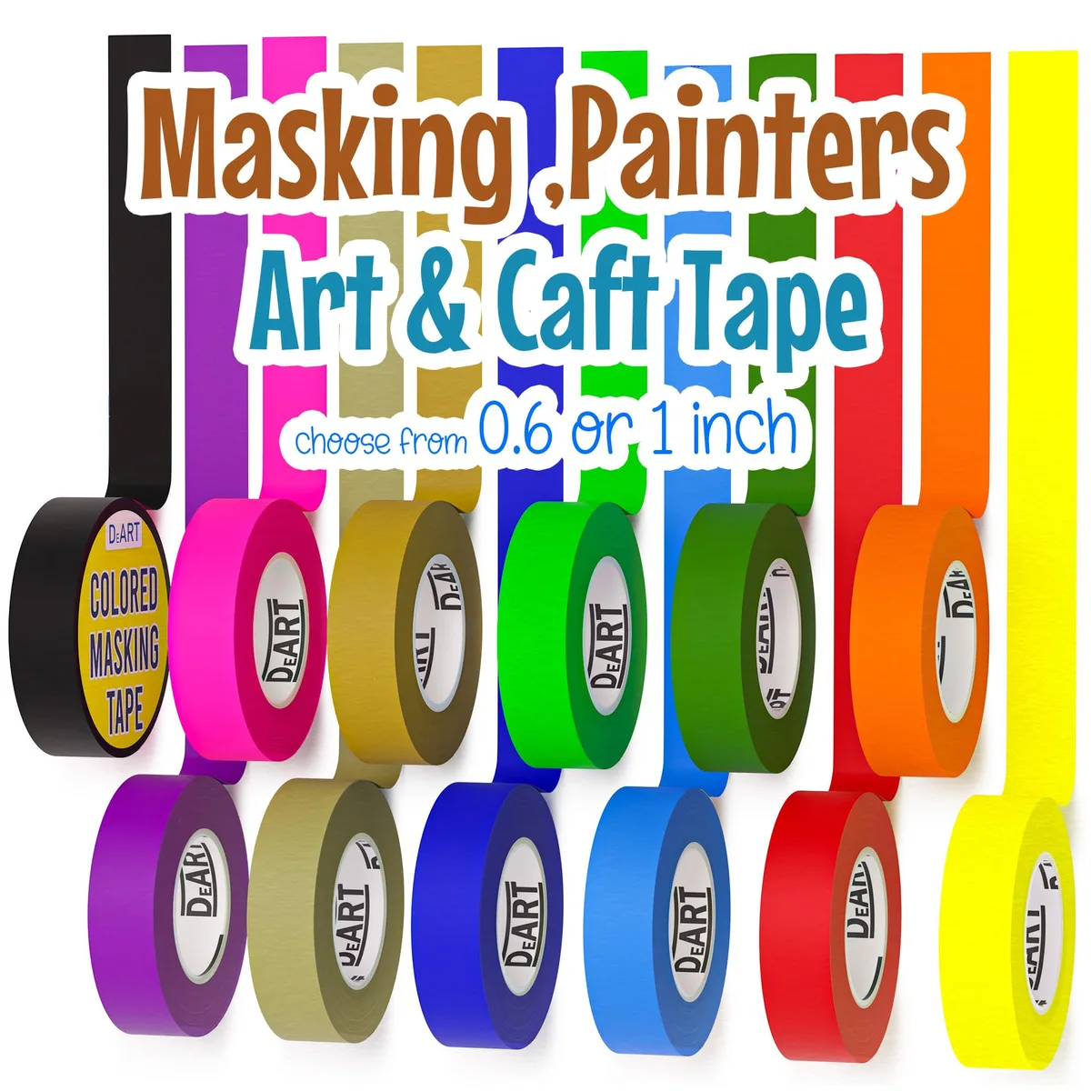 Eight rolls of coloured crepe masking tape, 0.6 inch wide, 11 yards each