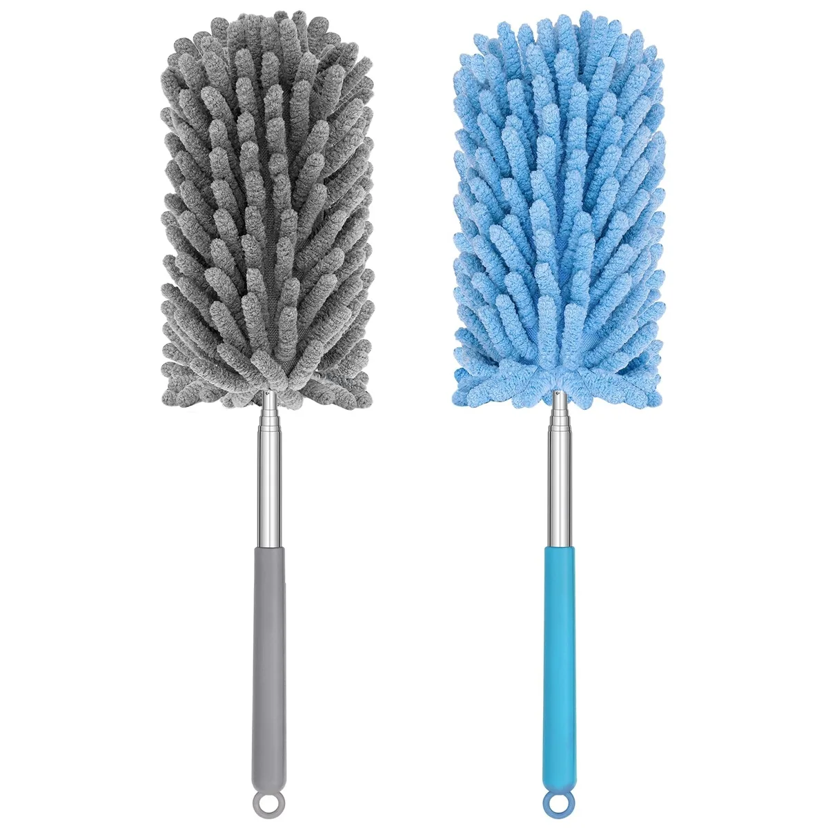 Mini duster with telescopic pole extended to 30 inches, rotatable chenille head, rubber grip handle