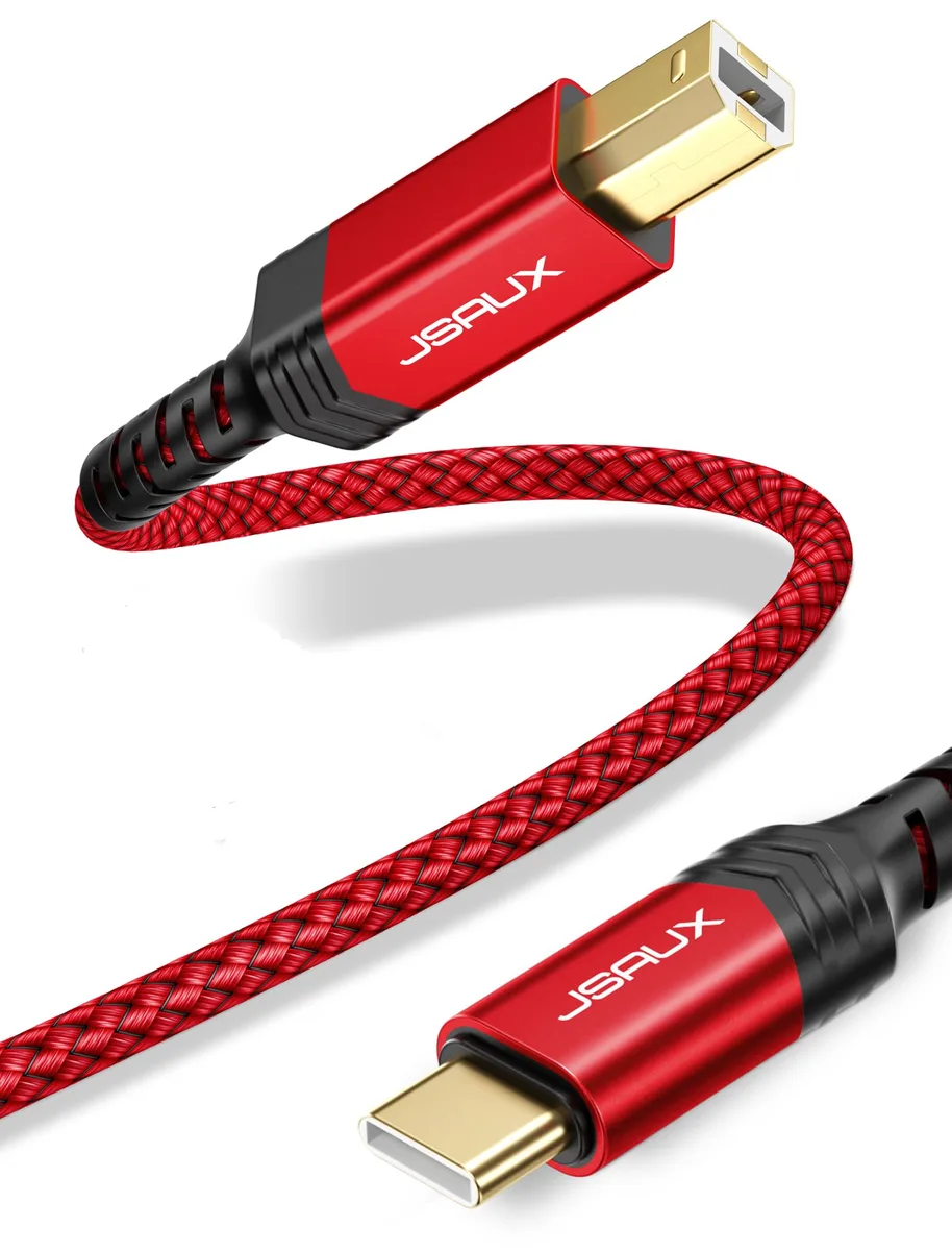 Red nylon-braided USB-C to USB-B cable, 15 ft, male-to-male connectors
