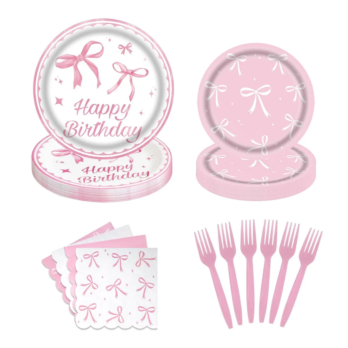 80 pink bow party plates napkins and forks on table