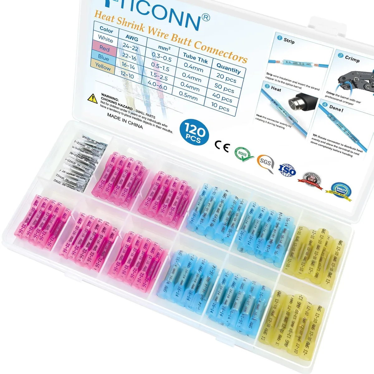  120 PCS Heat Shrink Butt Connectors Kit AWG 24-10 4 Sizes — product photo