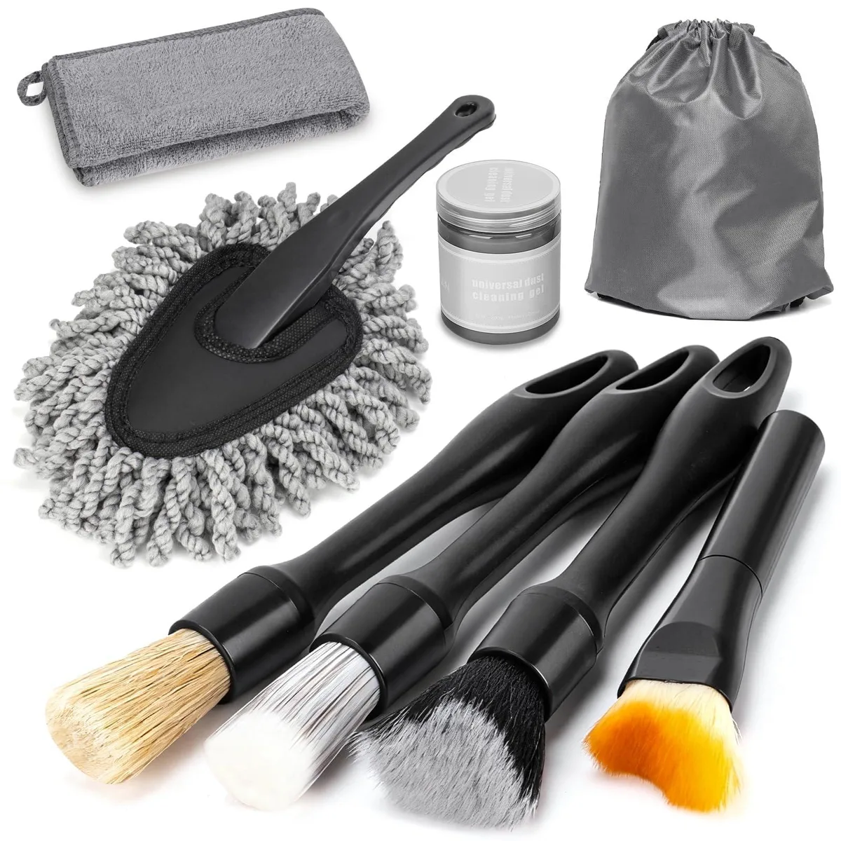 Blue eight-piece interior cleaning kit with brushes, duster, towel and gel in rectangular box