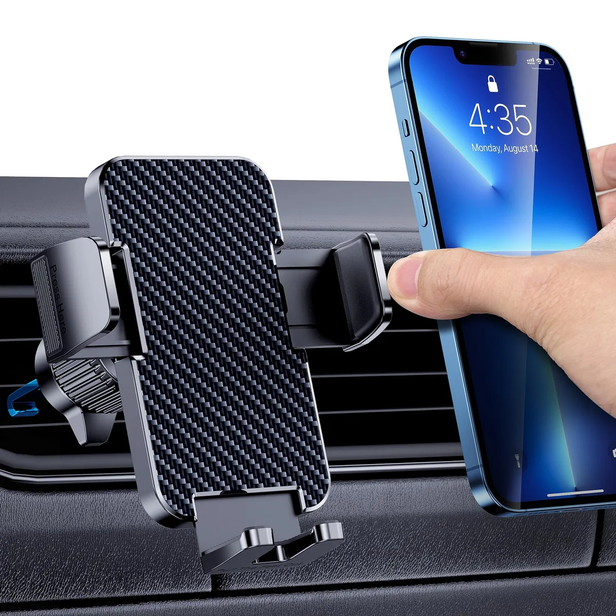 Dark vent-mount phone holder with adjustable arms and 360° swivel head