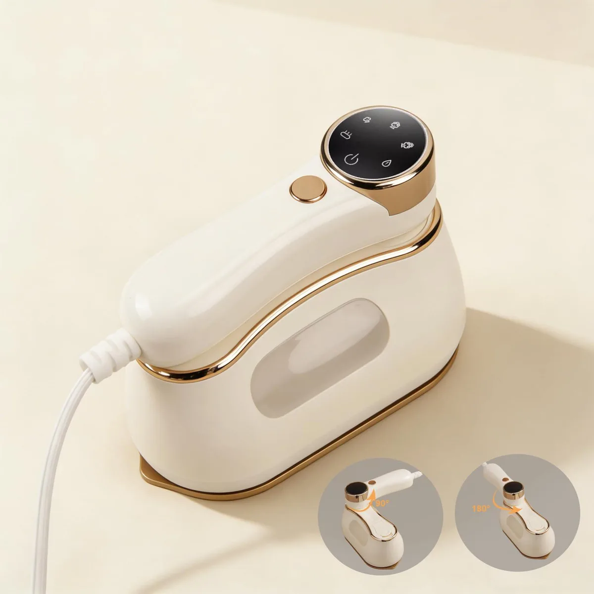 White handheld garment steamer with 180° rotating handle, transparent side water tank, LCD screen, compact travel size