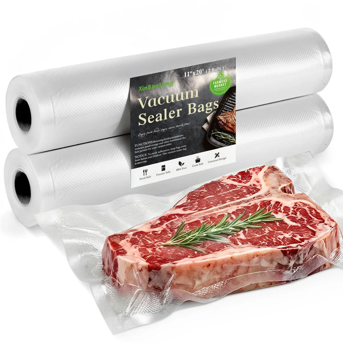  xinbaolong Vacuum Sealer Bags Rolls 11in x 20ft 2 Pack Clear — product photo