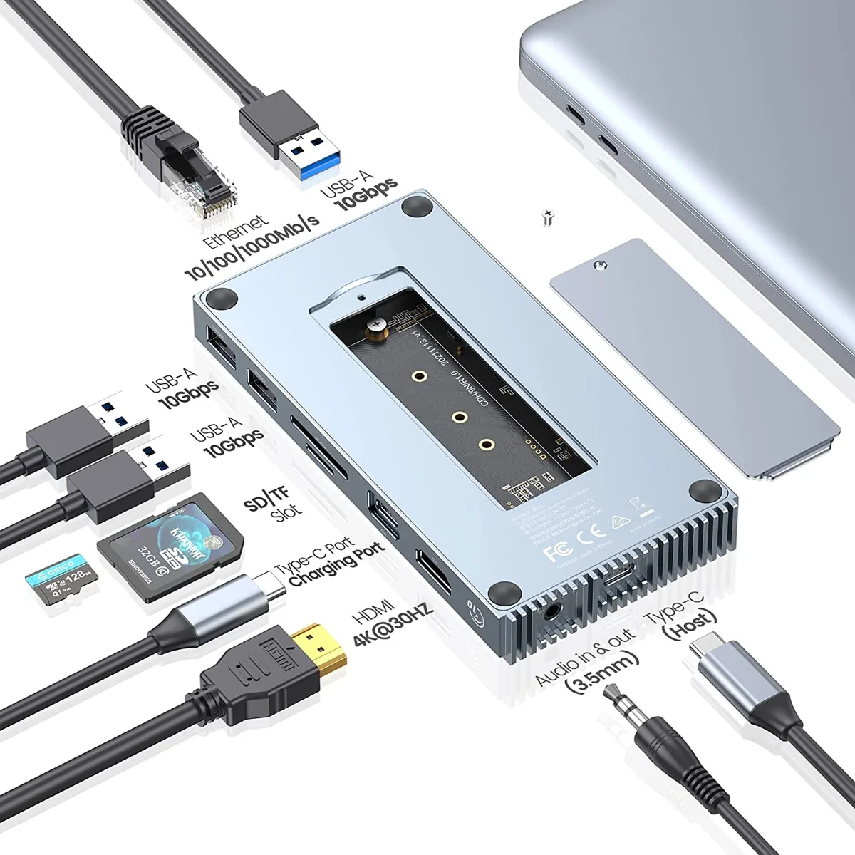 Orico Orico CDH-9N USB-C Docking Station with M.2 NVMe Enclosure 10Gbps 100W PD 4K 60Hz Gray — product photo