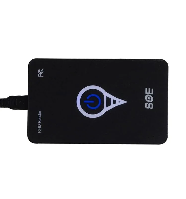 Flat rectangular RFID reader with USB cable, matte finish, 9.7 by 6.1 by 1 cm