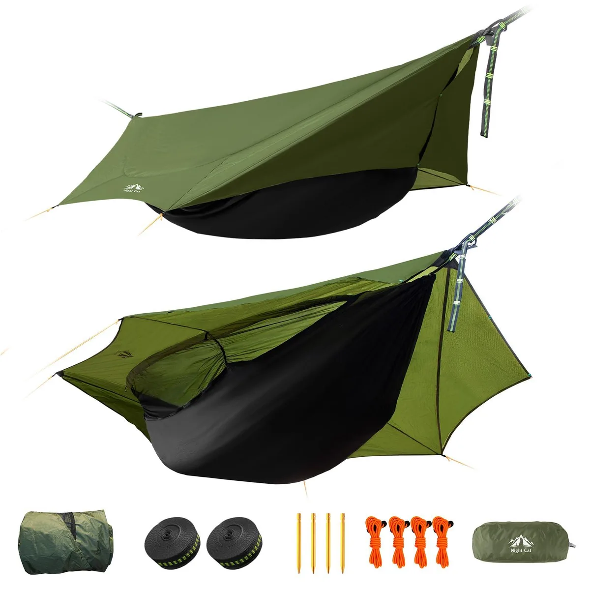 Green microfiber hammock tent with rain tarp and mosquito net, 132 by 55 inches