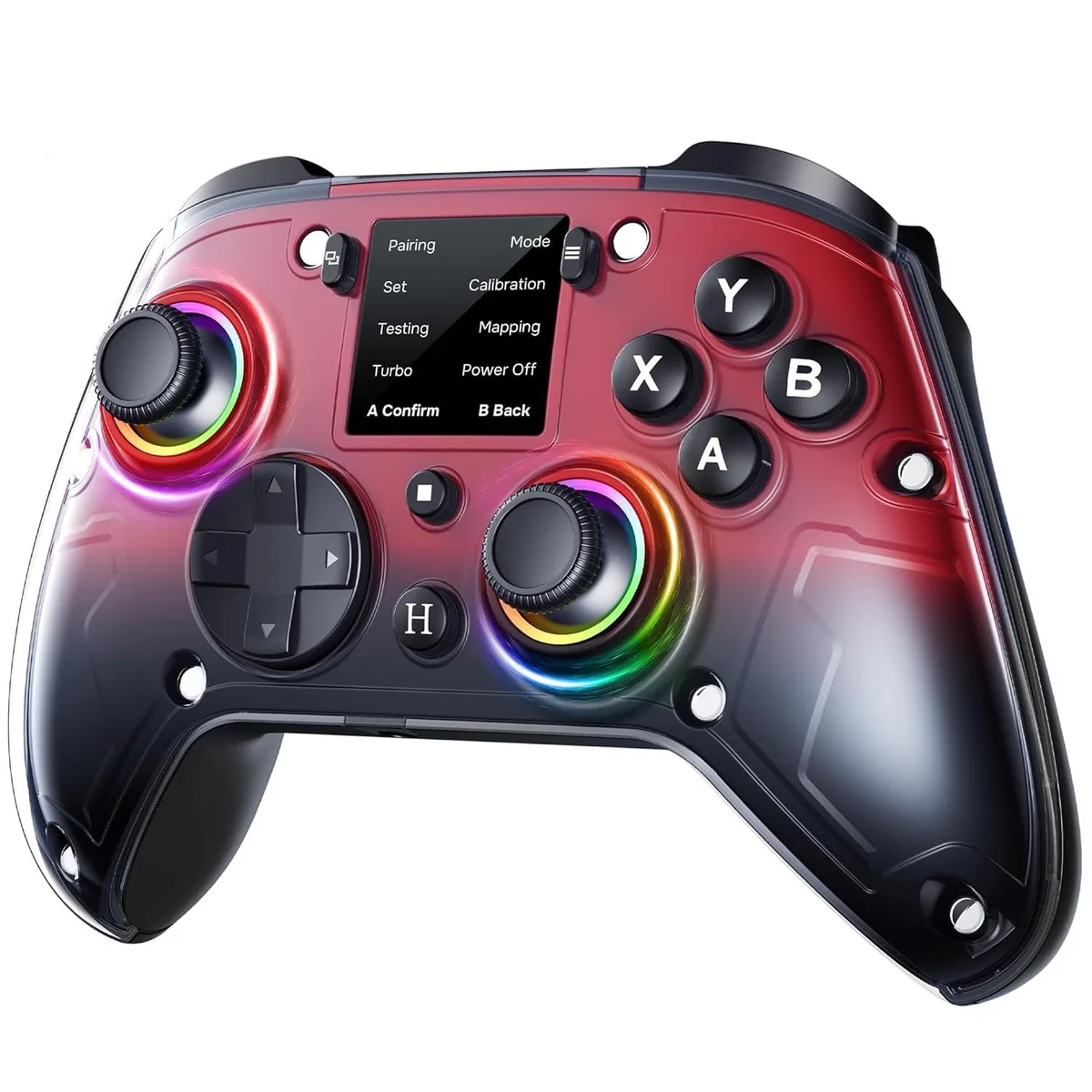 Red wireless gamepad with built-in interactive screen and Hall joysticks