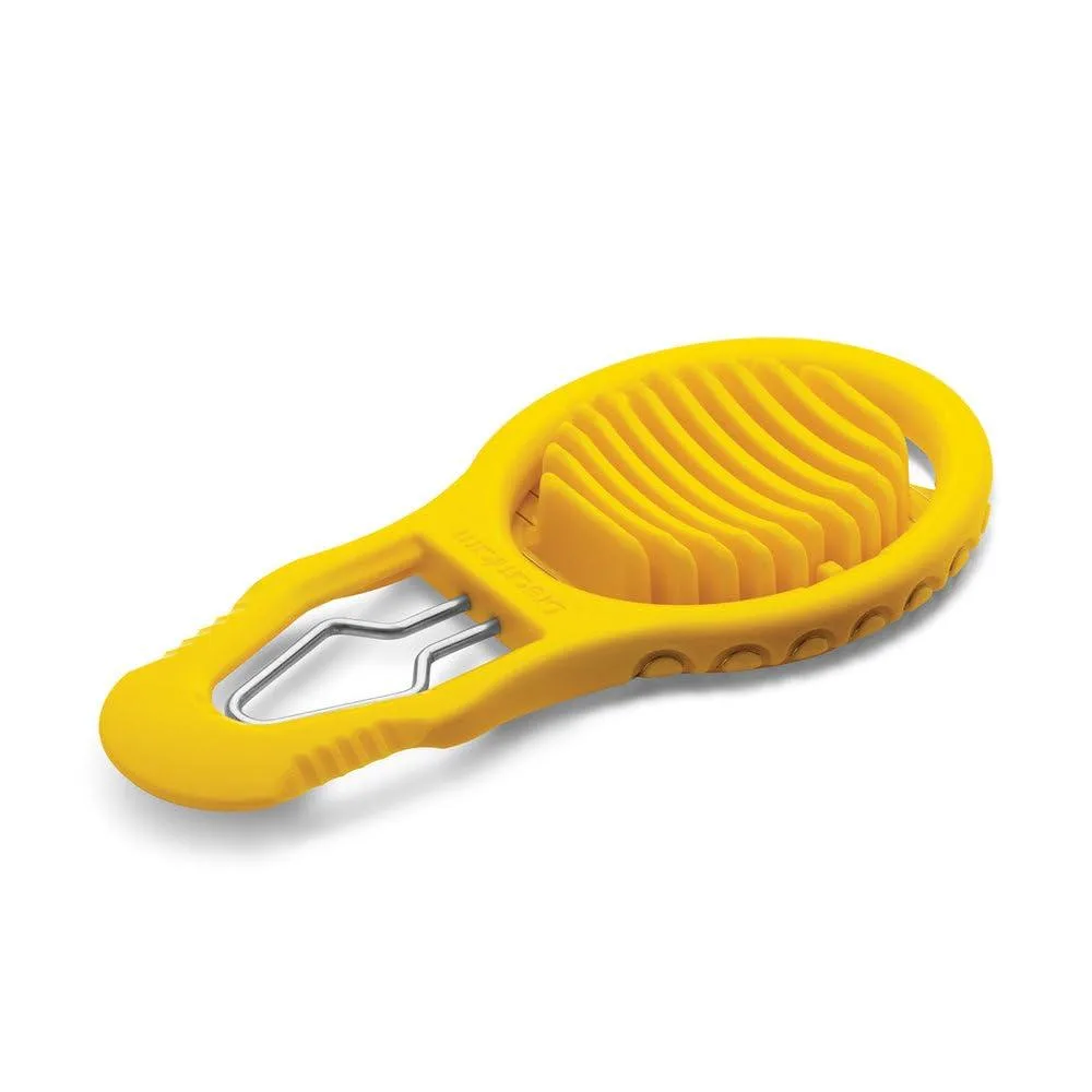 Yellow plastic egg tool with stainless steel peeling paddle and wire slicer, compact oval shape