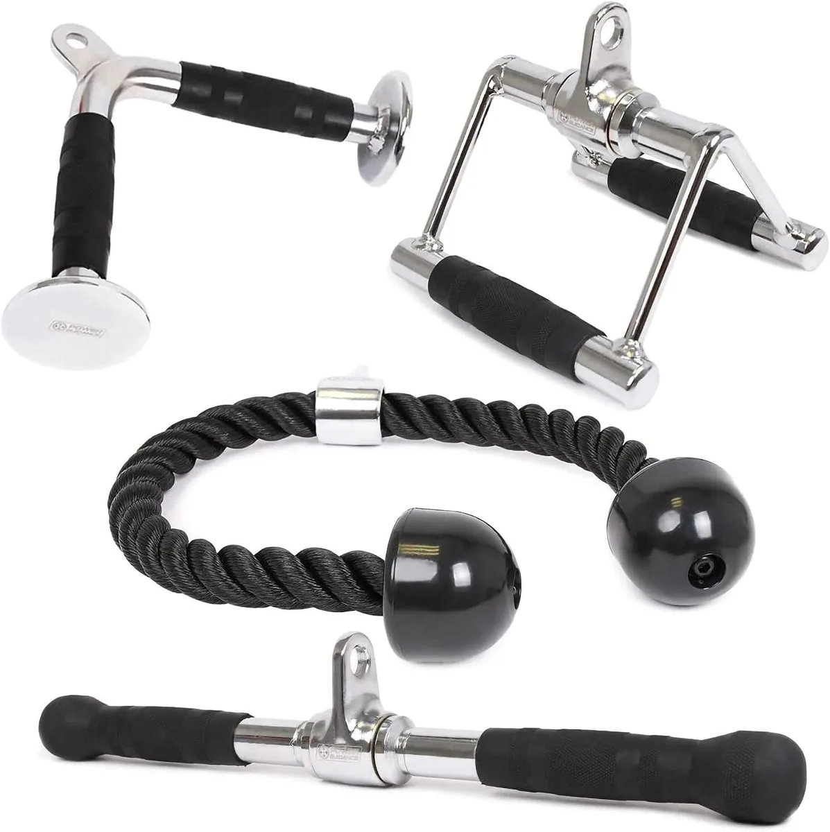 Four cable-machine attachments: V-bar, straight rotating bar, rotating V-handle, black nylon tricep rope with rubber ends