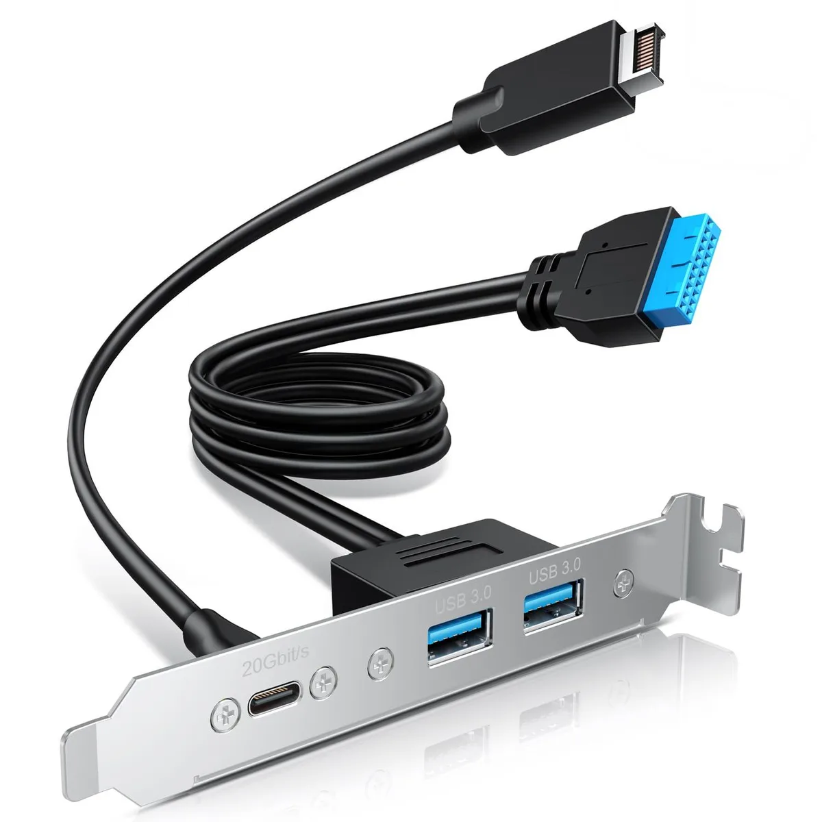 Blue six-foot extension cable with USB-C and USB-A ports on a PCI bracket