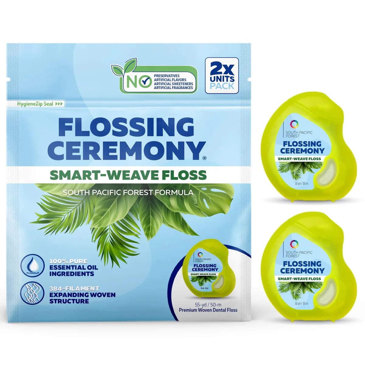 Two white floss dispensers in paper packaging, 165 feet total