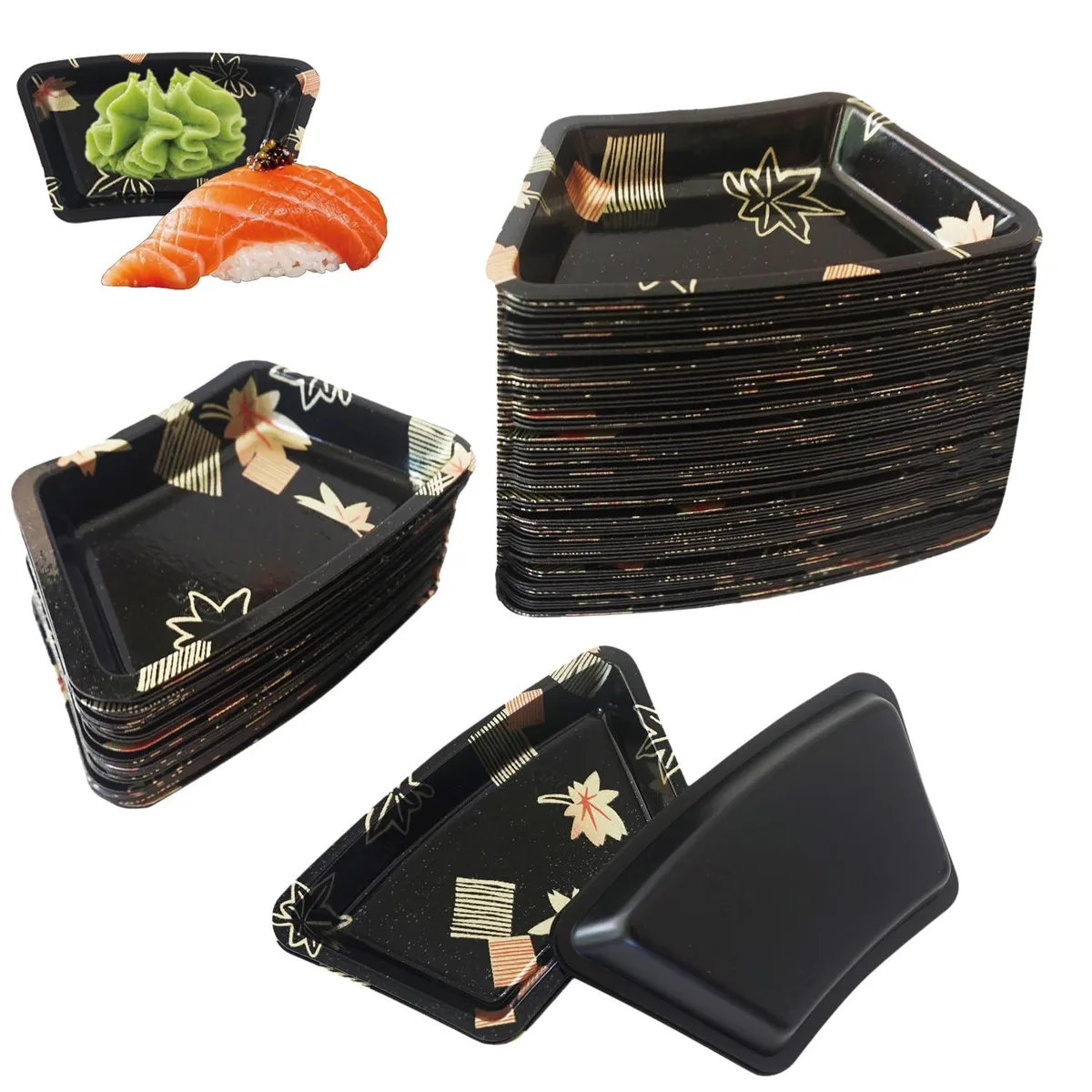 100 black plastic fan-shaped sauce dishes with gold leaf design, 3.35in wide
