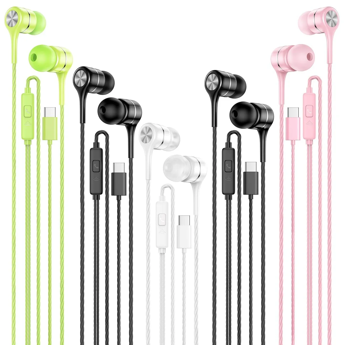 Five green in-ear USB-C headsets with flat tangle-free cables and inline remotes