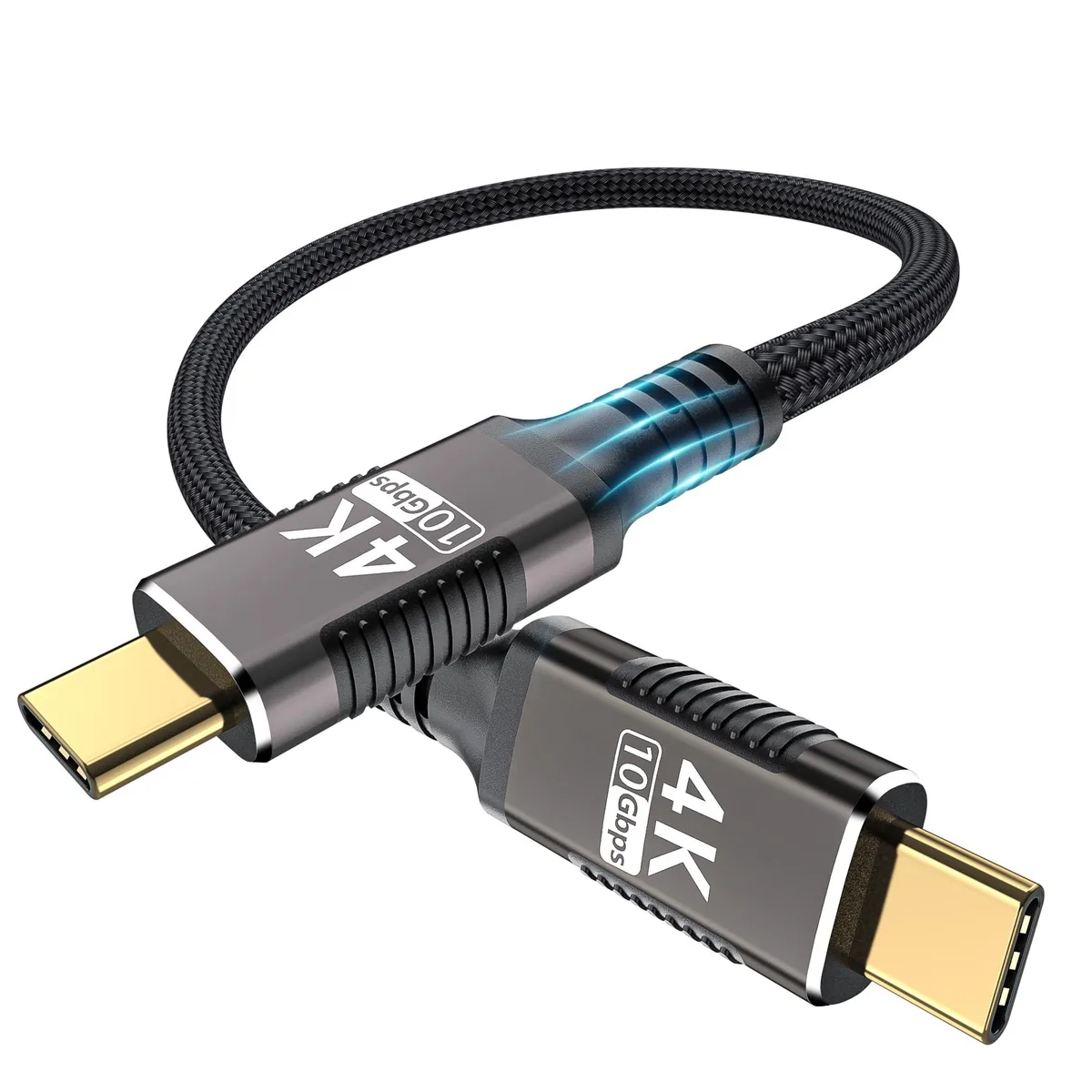 Short nylon-braided USB-C cable with male-to-male connectors, .5 ft long