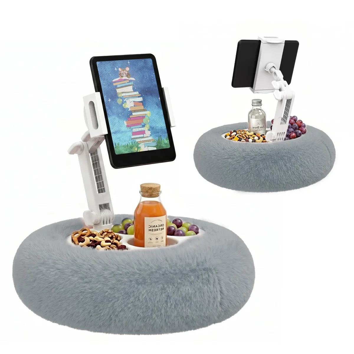 Grey tablet pillow stand with plush base, adjustable arm and snack tray