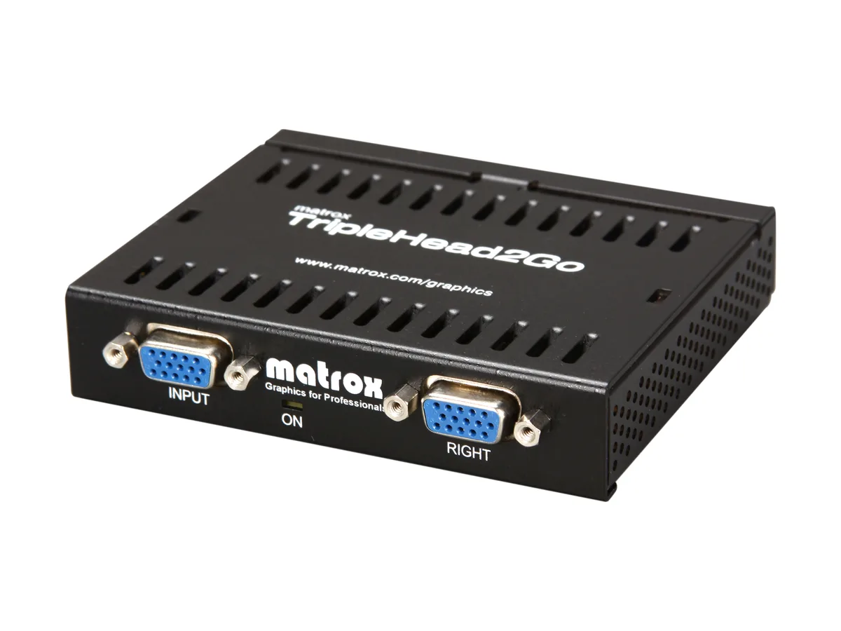 Matrox TripleHead2Go external box with three VGA outputs and one input