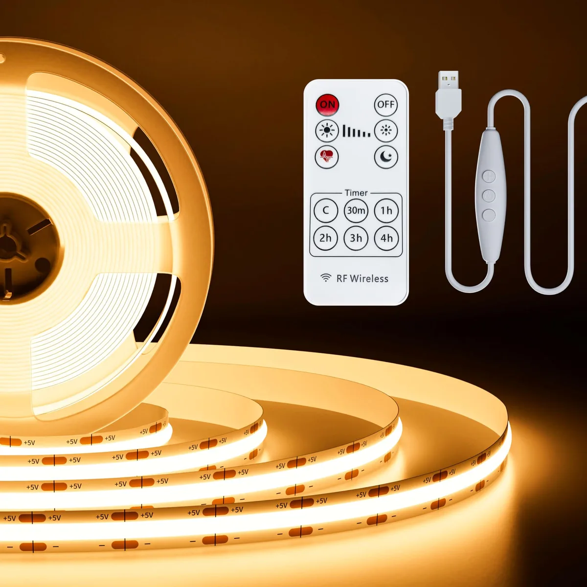 White flexible COB LED strip on a reel with USB connector and RF remote