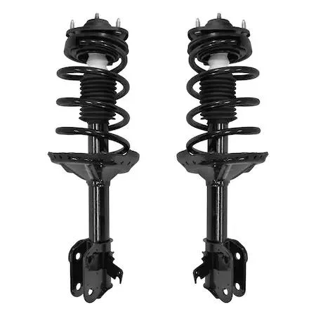 Two silver front strut assemblies with coil springs and top mounts