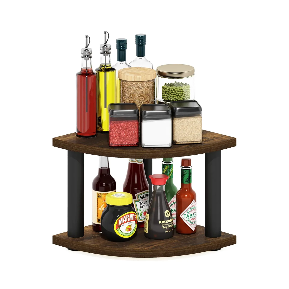 Light amber pine corner shelf unit with two rectangular tiers on black PVC poles, rounded edges, raised feet