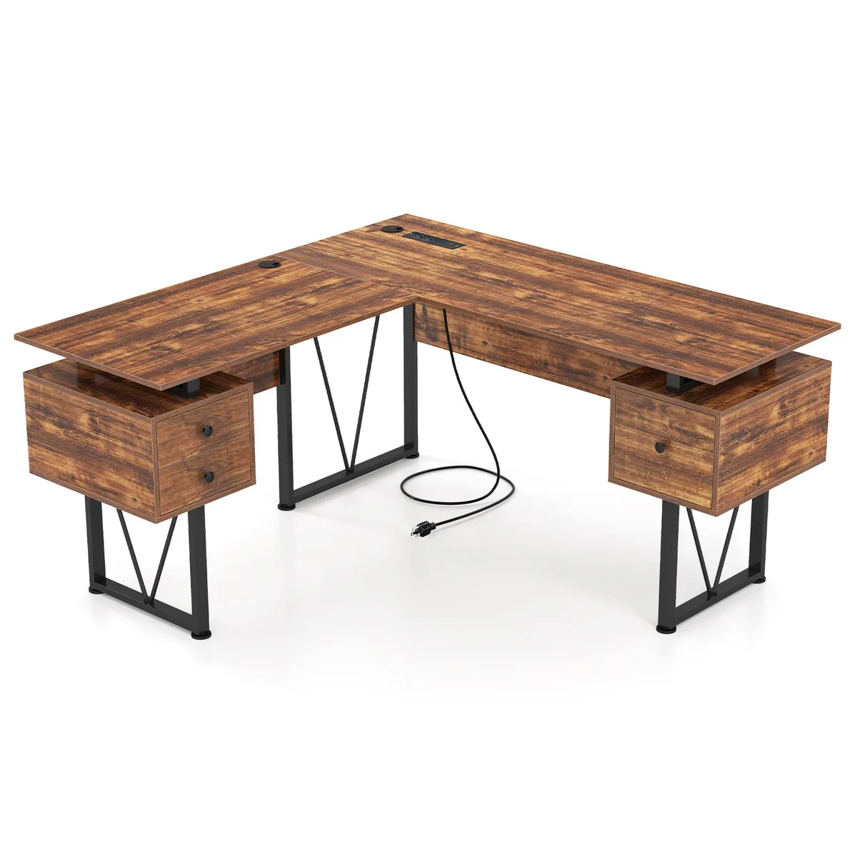 SlickBlue SlickBlue L-shaped Computer Desk with Power Outlets and 3 Storage Drawers Rustic Brown — product photo