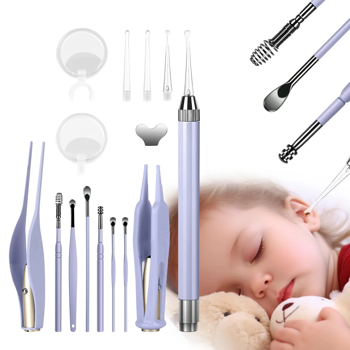 Purple ear cleaning kit in metal case with LED tools and magnifying glass