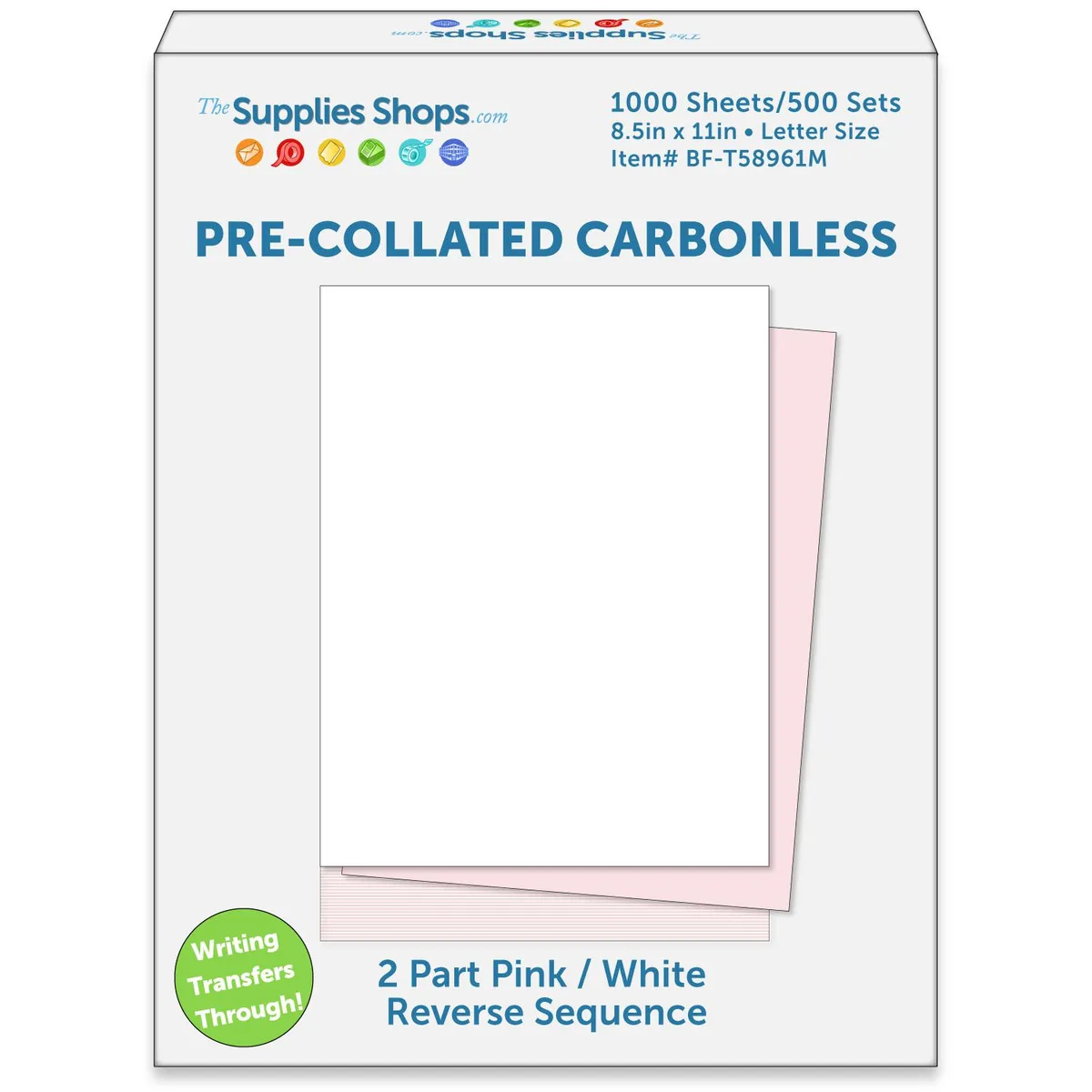 Carton of pink and white carbonless paper sheets