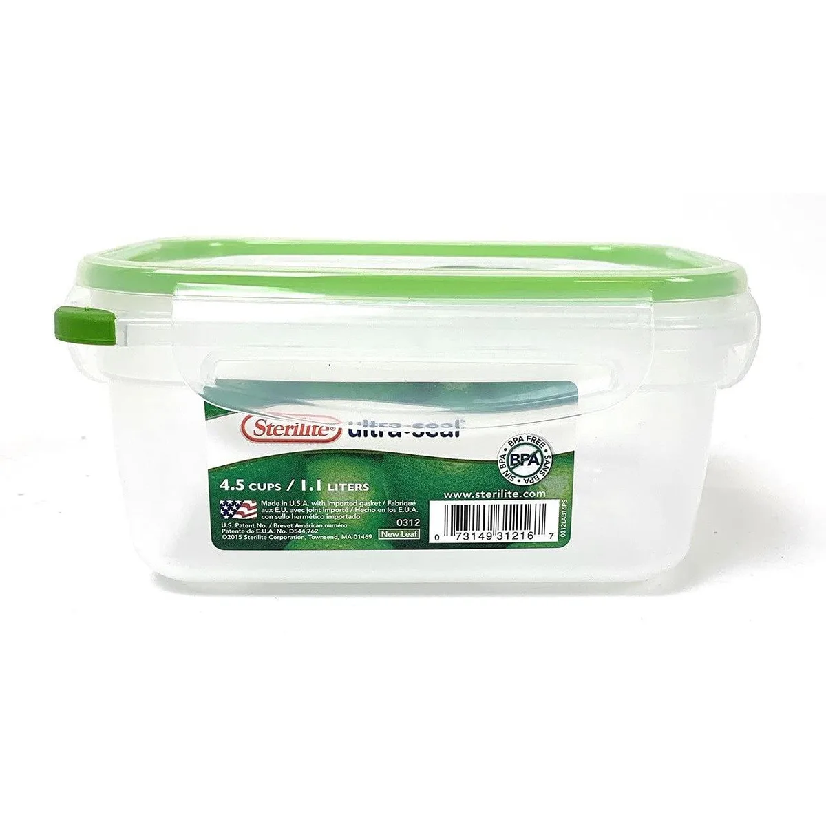 Clear rectangular plastic food container with green lid 4.5 cups