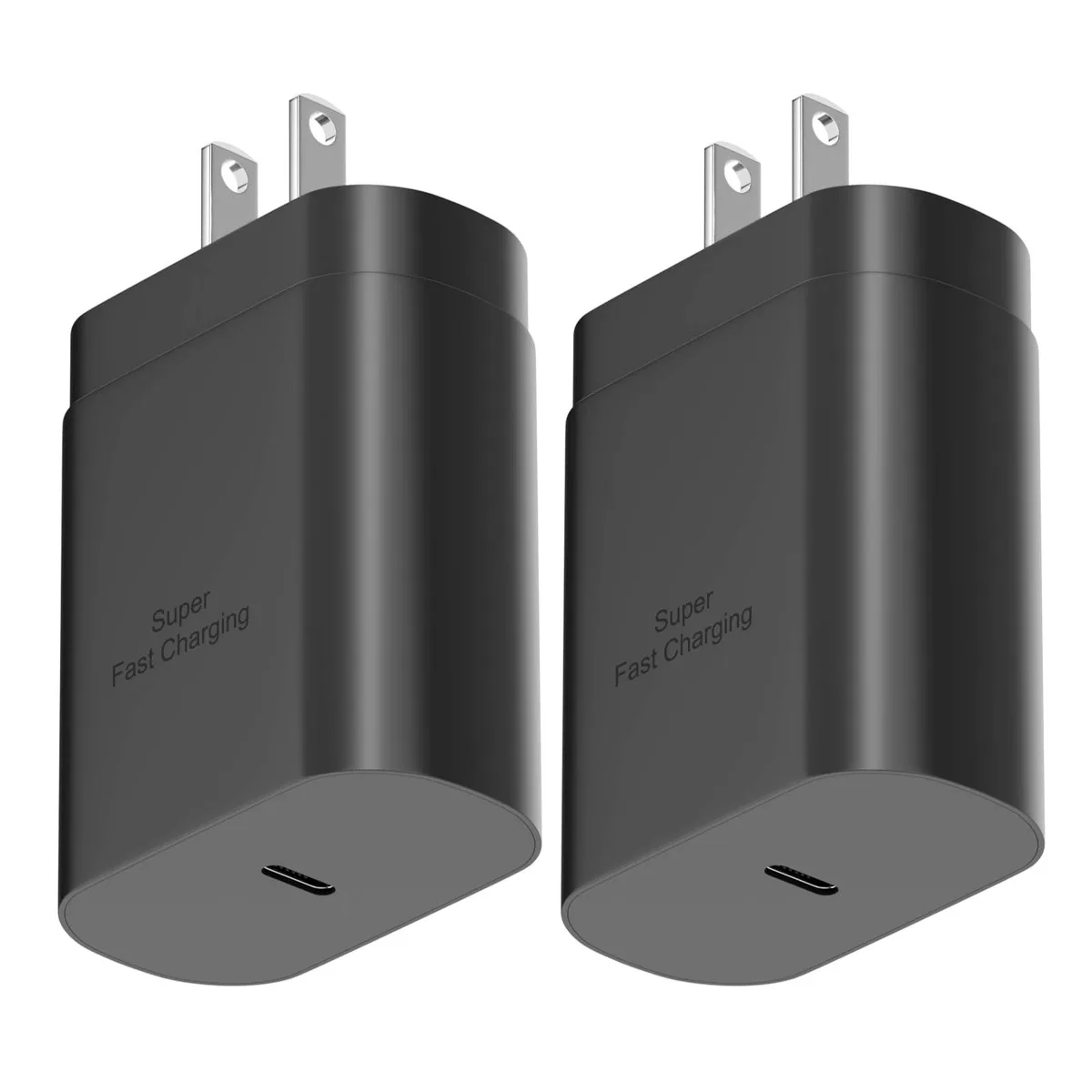 Two compact white USB-C wall chargers with foldable prongs