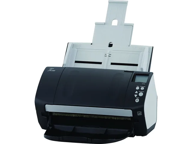 Rectangular desktop scanner in dark grey with a top-mounted 80-sheet document feeder and front output tray
