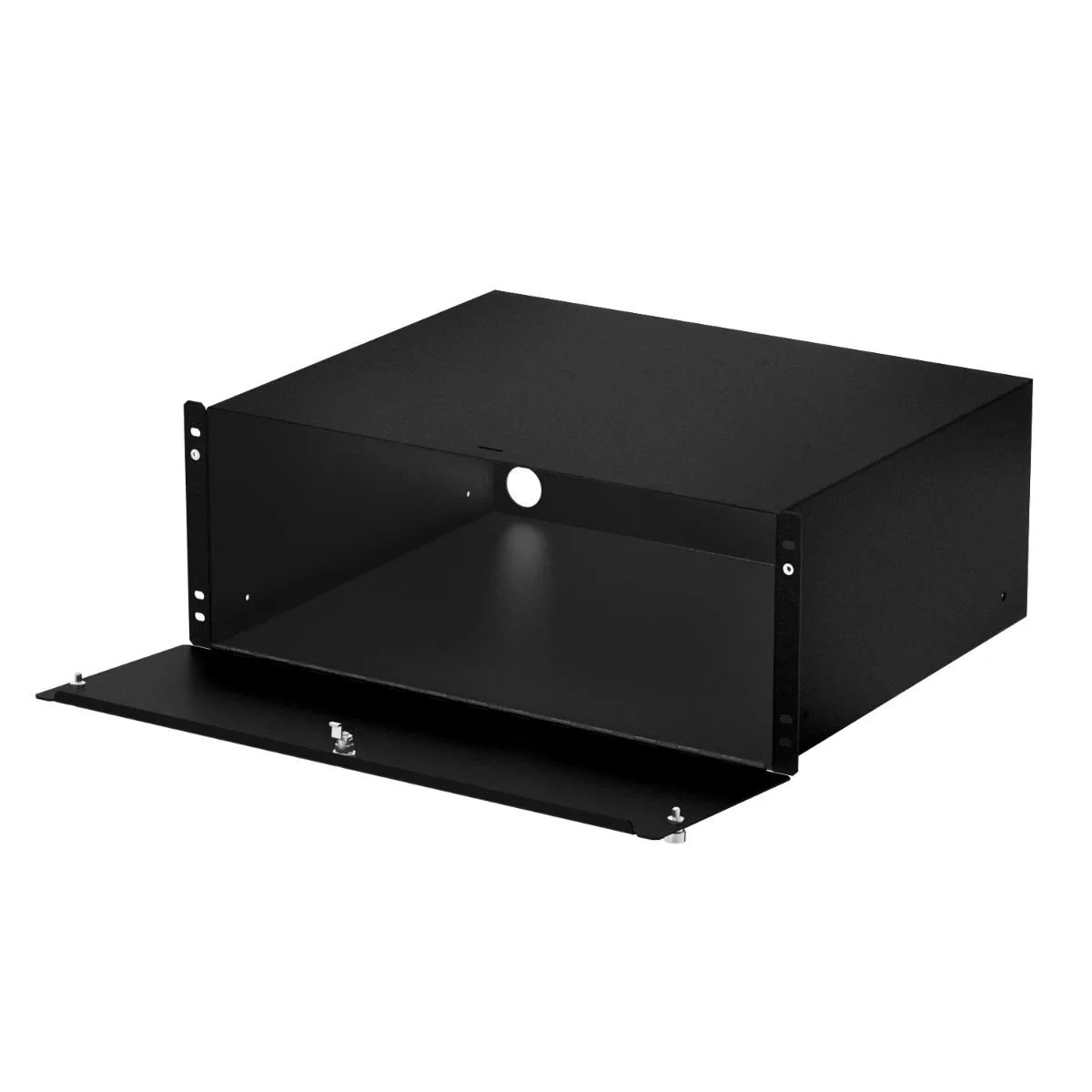 Black metal 4U rackmount box with hinged lockable door and rear cable holes