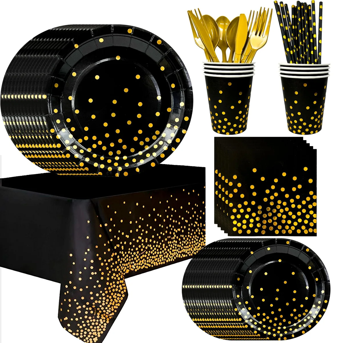 Black and gold paper dinnerware set for 24 guests with polka dot design