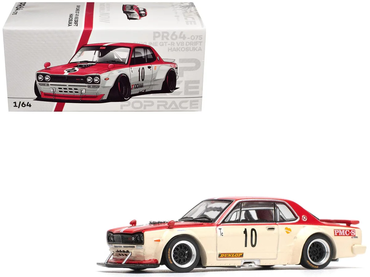 Pop Race Pop Race Skyline GT-R V8 Drift Hakosuka RHD #10 Watanabe Red Cream 1/64 hobby collectible — product photo