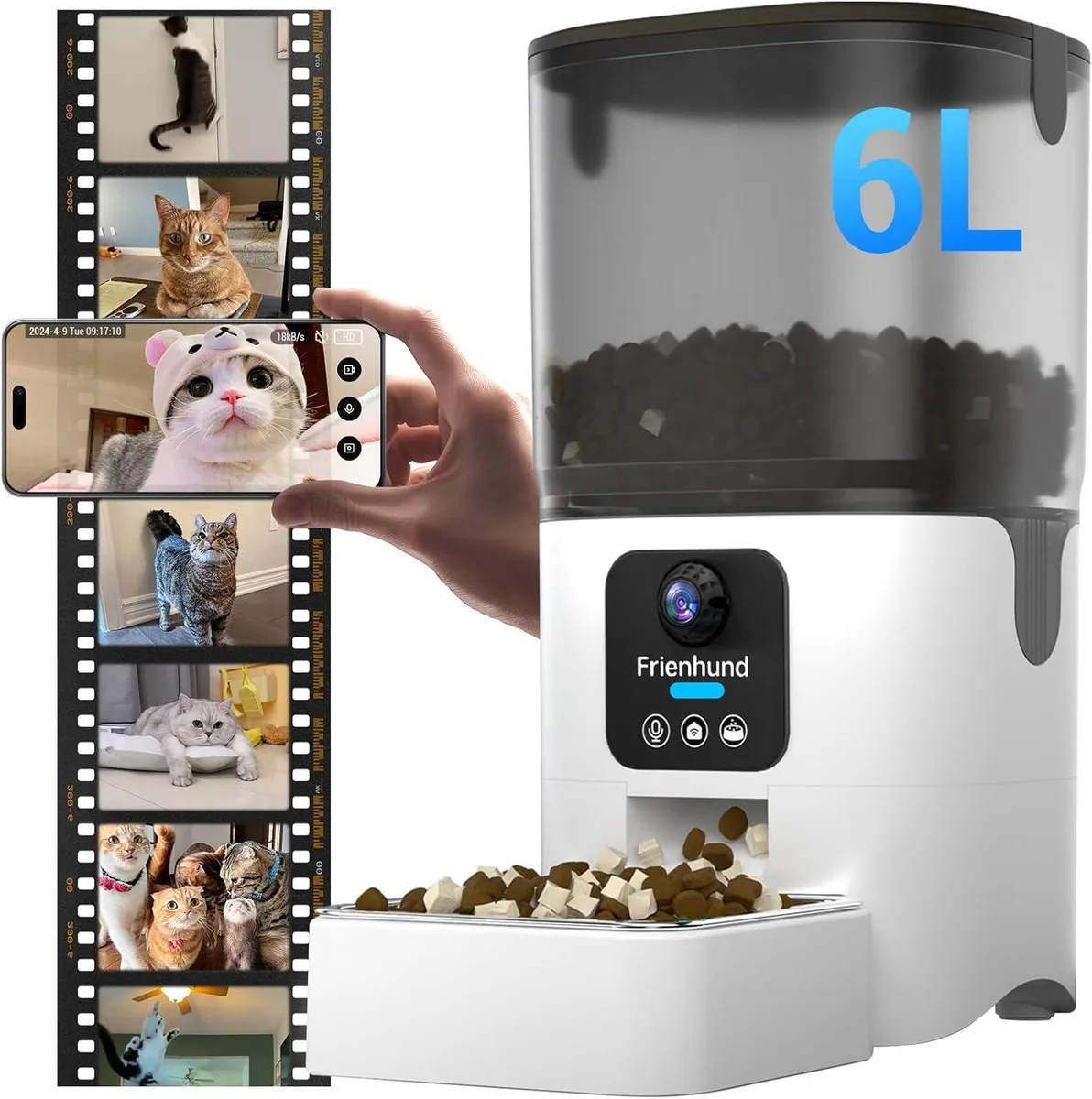 White cylindrical pet feeder with front camera lens and top hopper lid