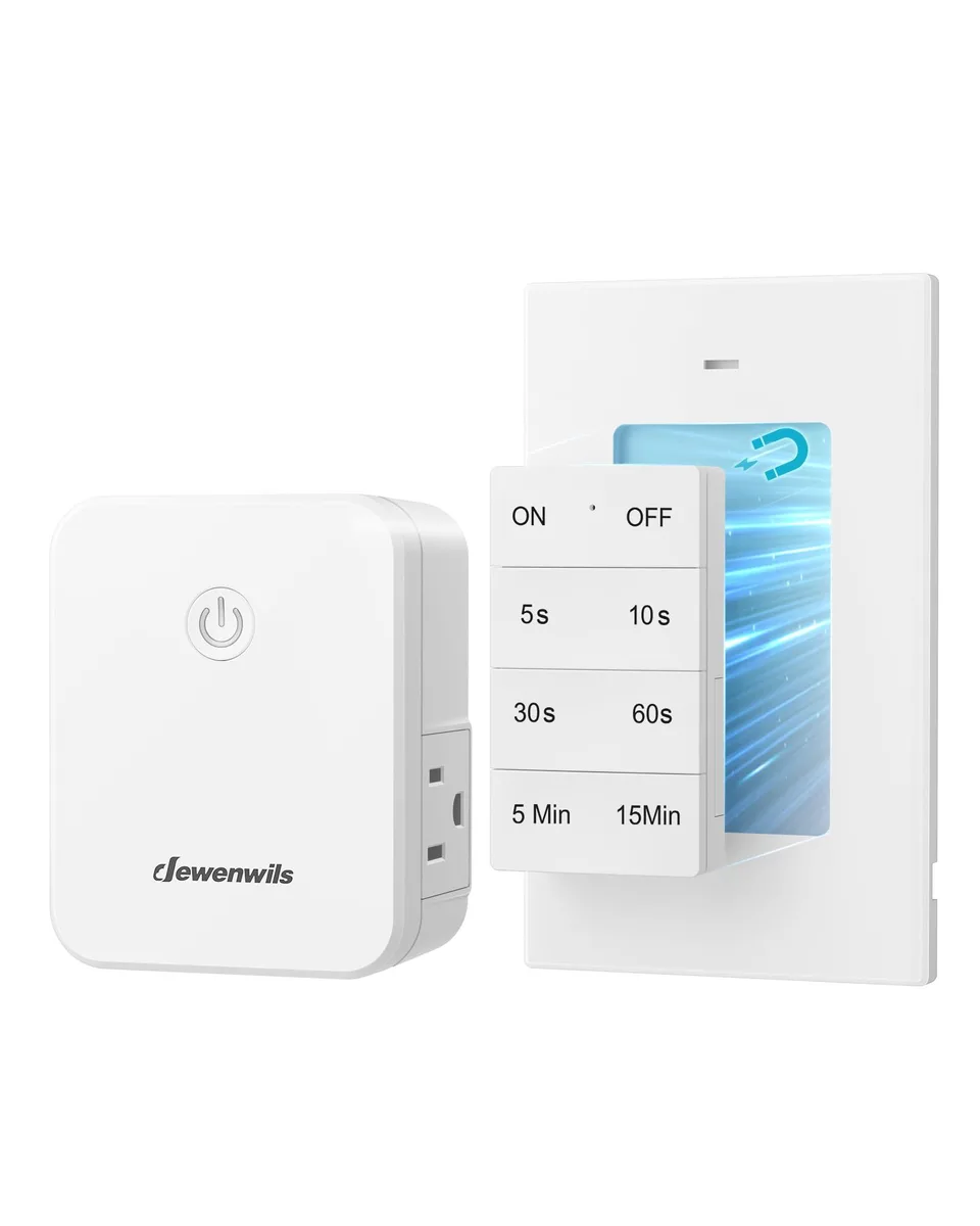White plug-in timer switch with dual outlets and detachable magnetic remote, wall-mountable design
