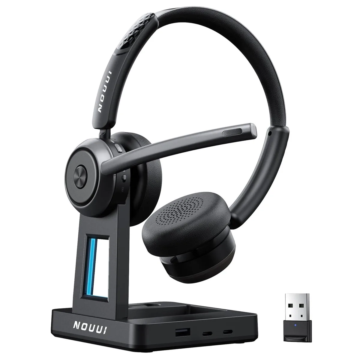  NOUUI NU013 Sup3 on-ear headphones, Bluetooth 5.4, 65 h battery, ENC, mute button, charging base — product photo