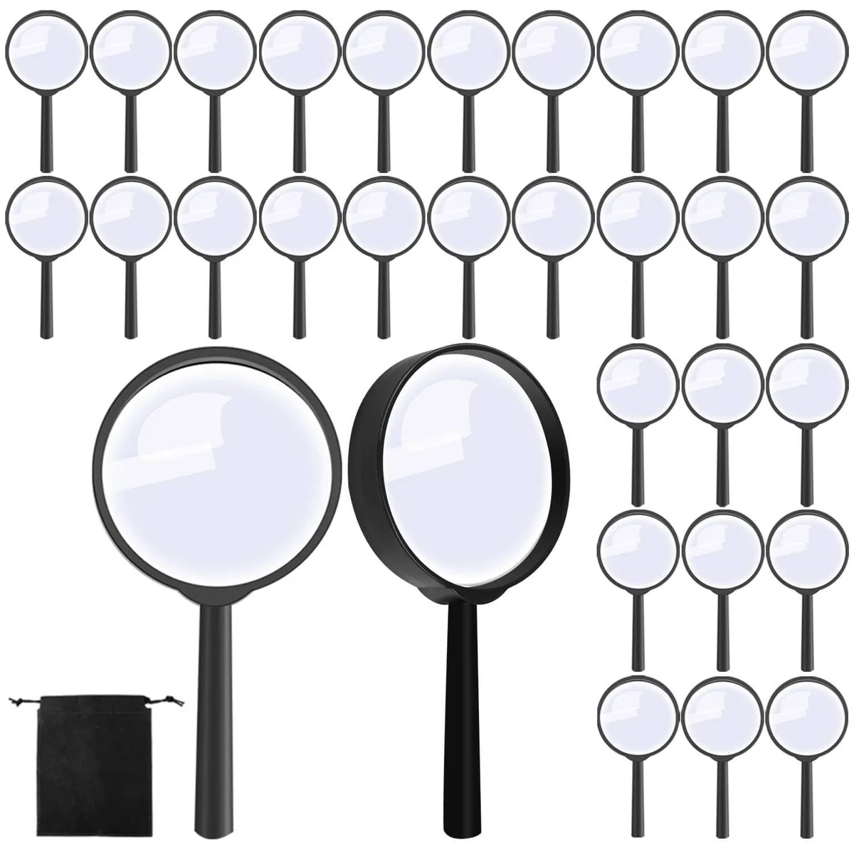 Twenty-four black plastic handheld magnifiers with acrylic lenses and a drawstring storage bag