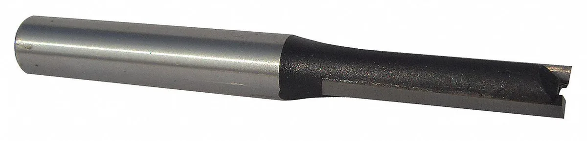 Silver cylindrical router bit with carbide tip and 1/4 inch shank
