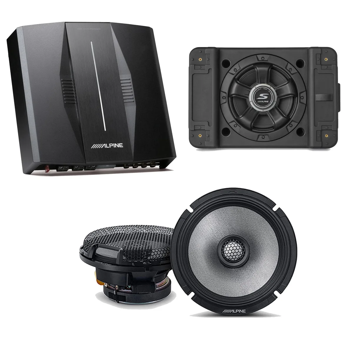 Alpine Alpine PXE-C80-88 OPTIM8 8-Channel DSP Amplifier with SS-SB12 12" Subwoofer and R2-S65 6.5" Speakers — product photo