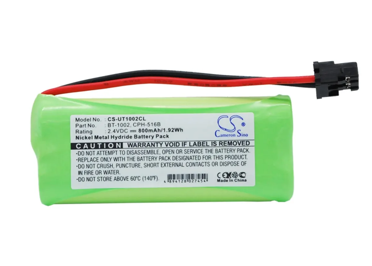Rectangular cordless phone battery with silver contacts, green circuit board visible, 49.44 by 20.82 by 10.59 mm