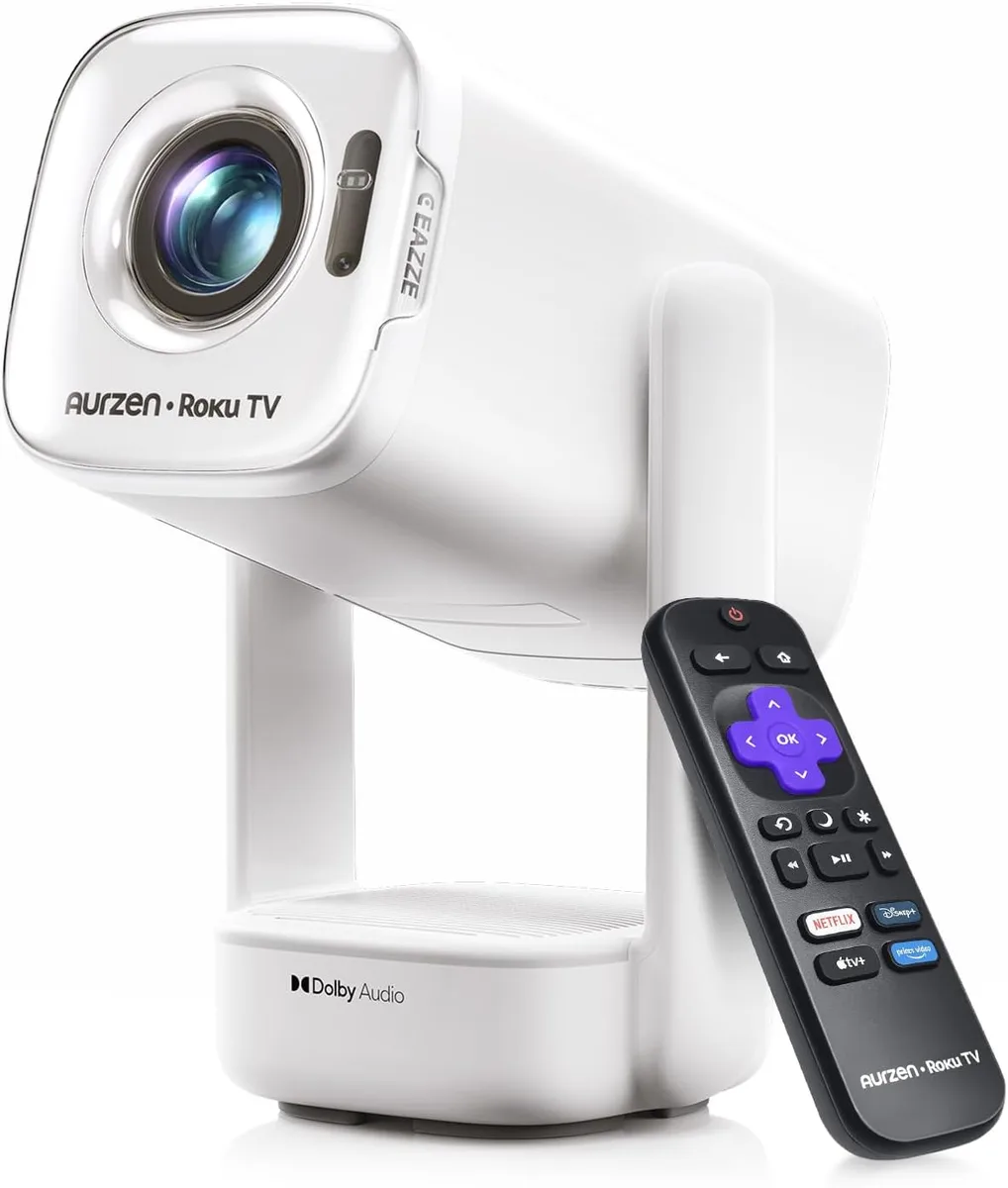 Aurzen Aurzen A03A11 home theater projector, 1080p, 300 ANSI lumens, Roku TV built-in, USB-C PD powered — product photo