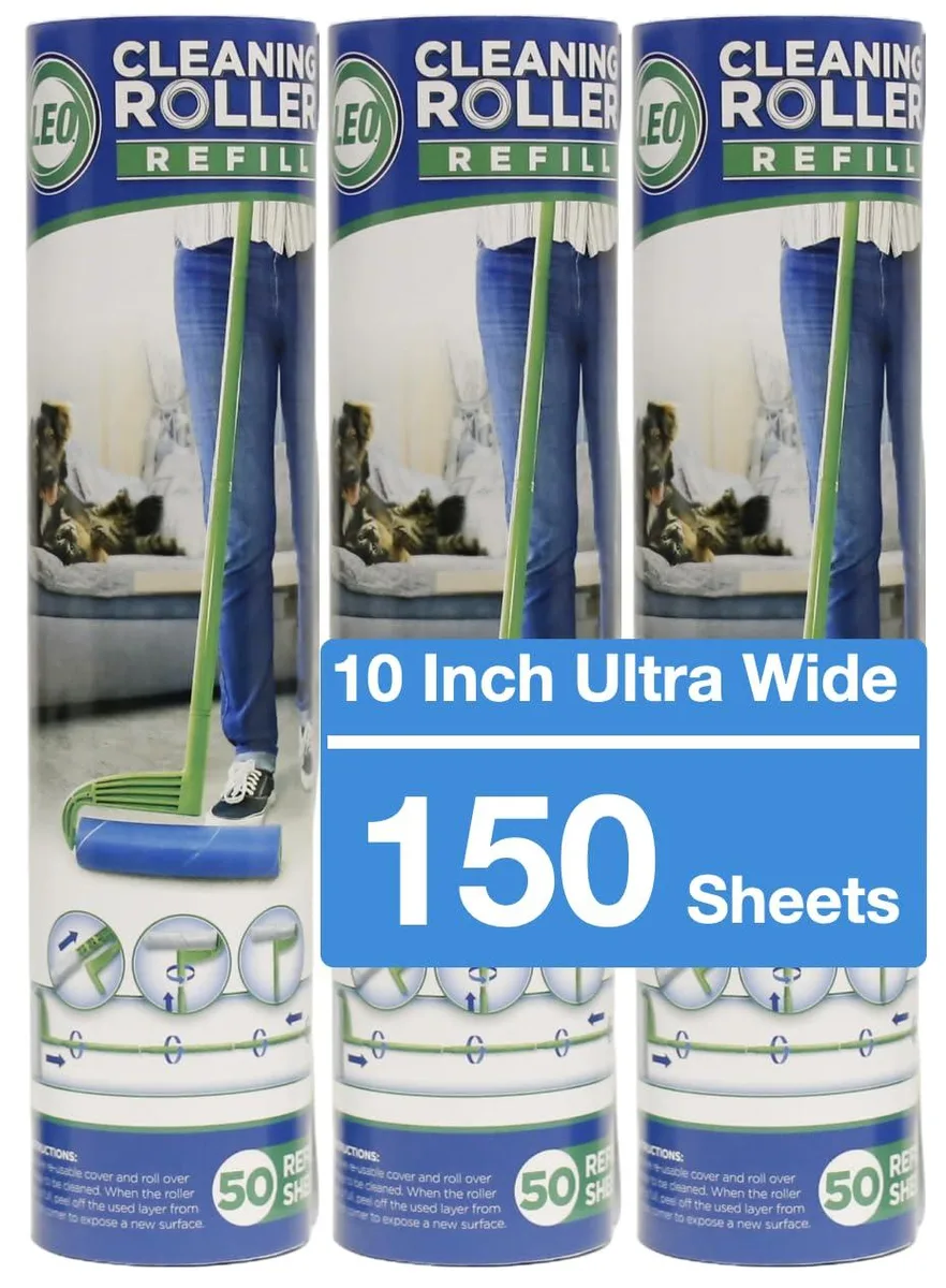 Three white refill rolls for 10-inch lint roller, 150 sheets total