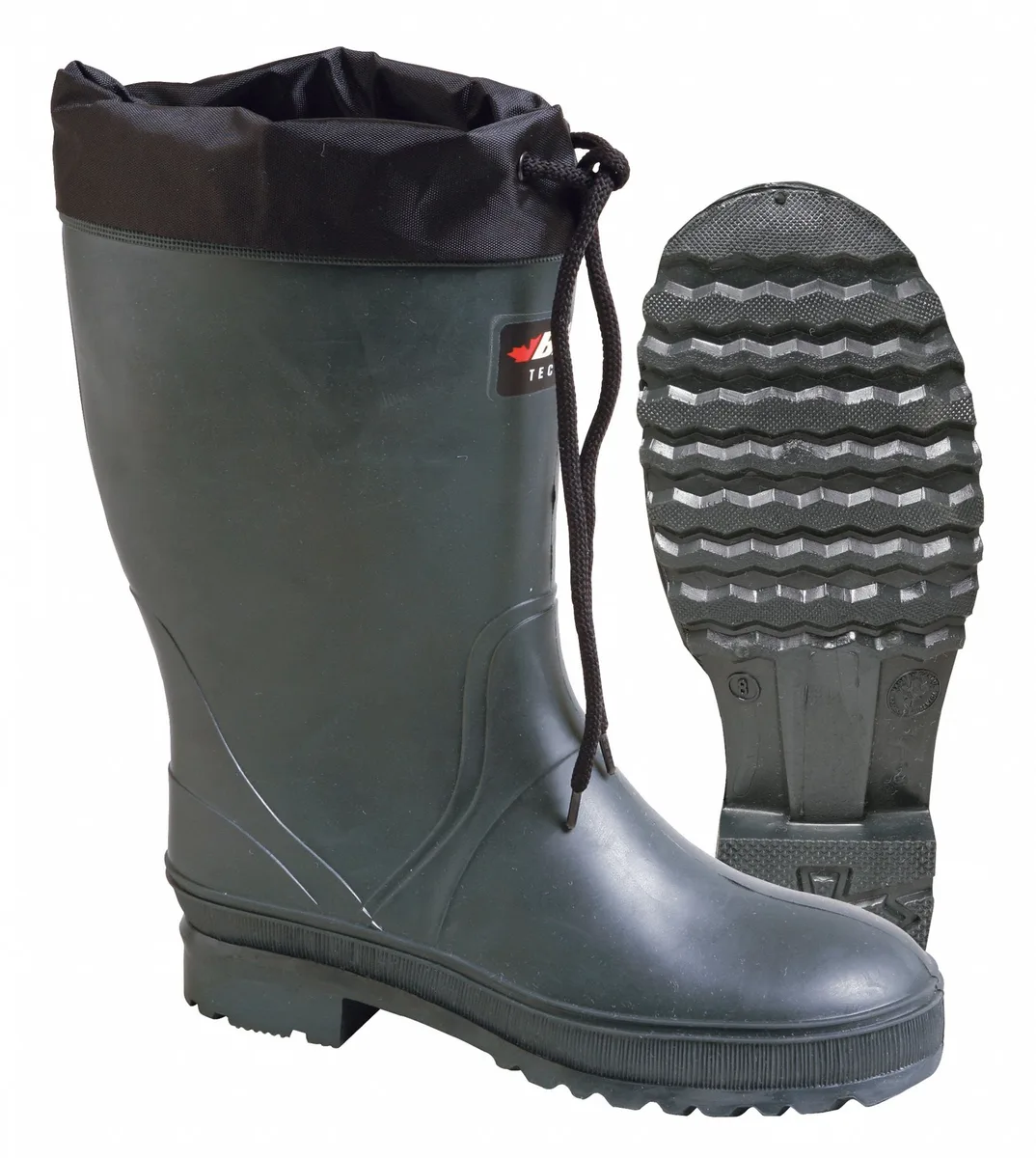 Green mid-calf insulated rubber boot with ribbed sole