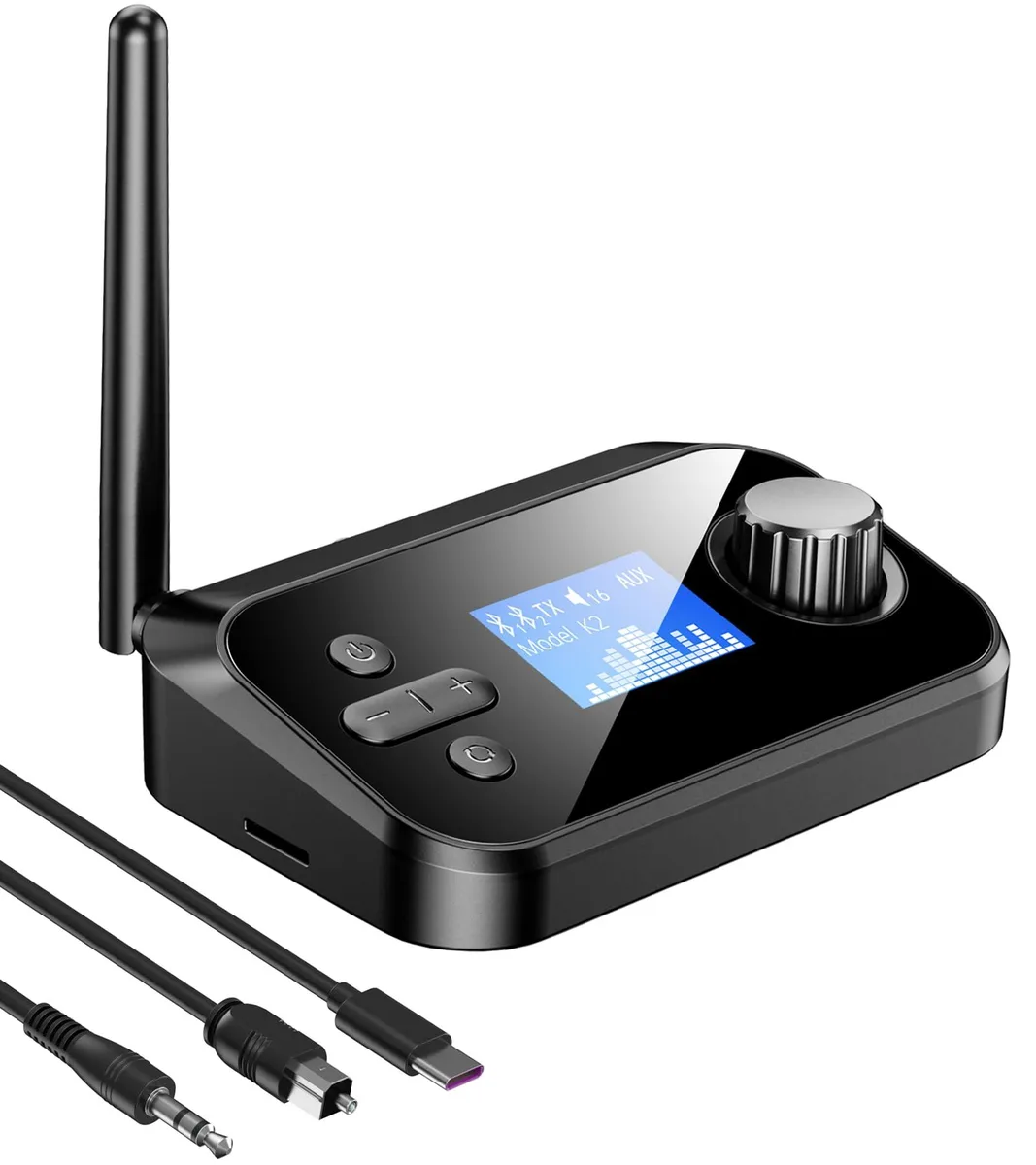 Compact rectangular Bluetooth adapter with LCD display and 3.5mm optical ports