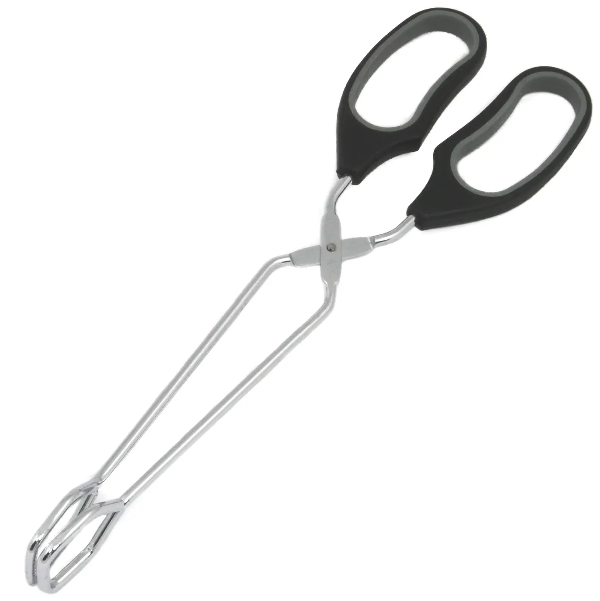 12-inch straight metal tongs with polished finish and soft-grip handles