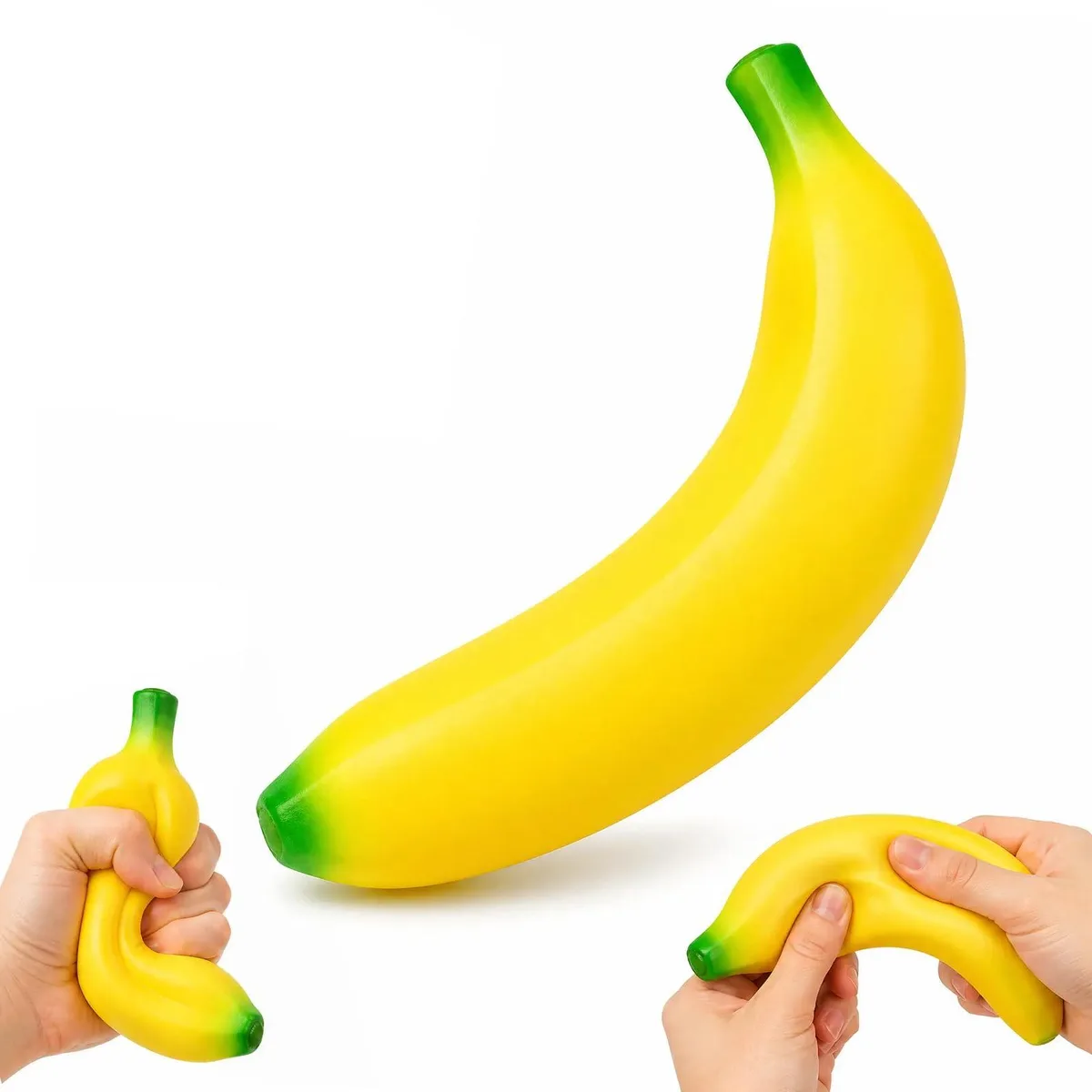 Yellow banana-shaped squishy toy with textured surface, 7 inches long