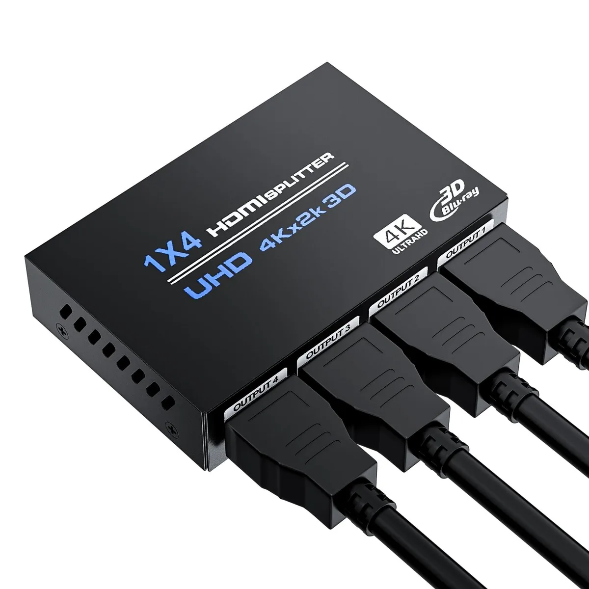 Small black HDMI splitter box with four output ports and power cable