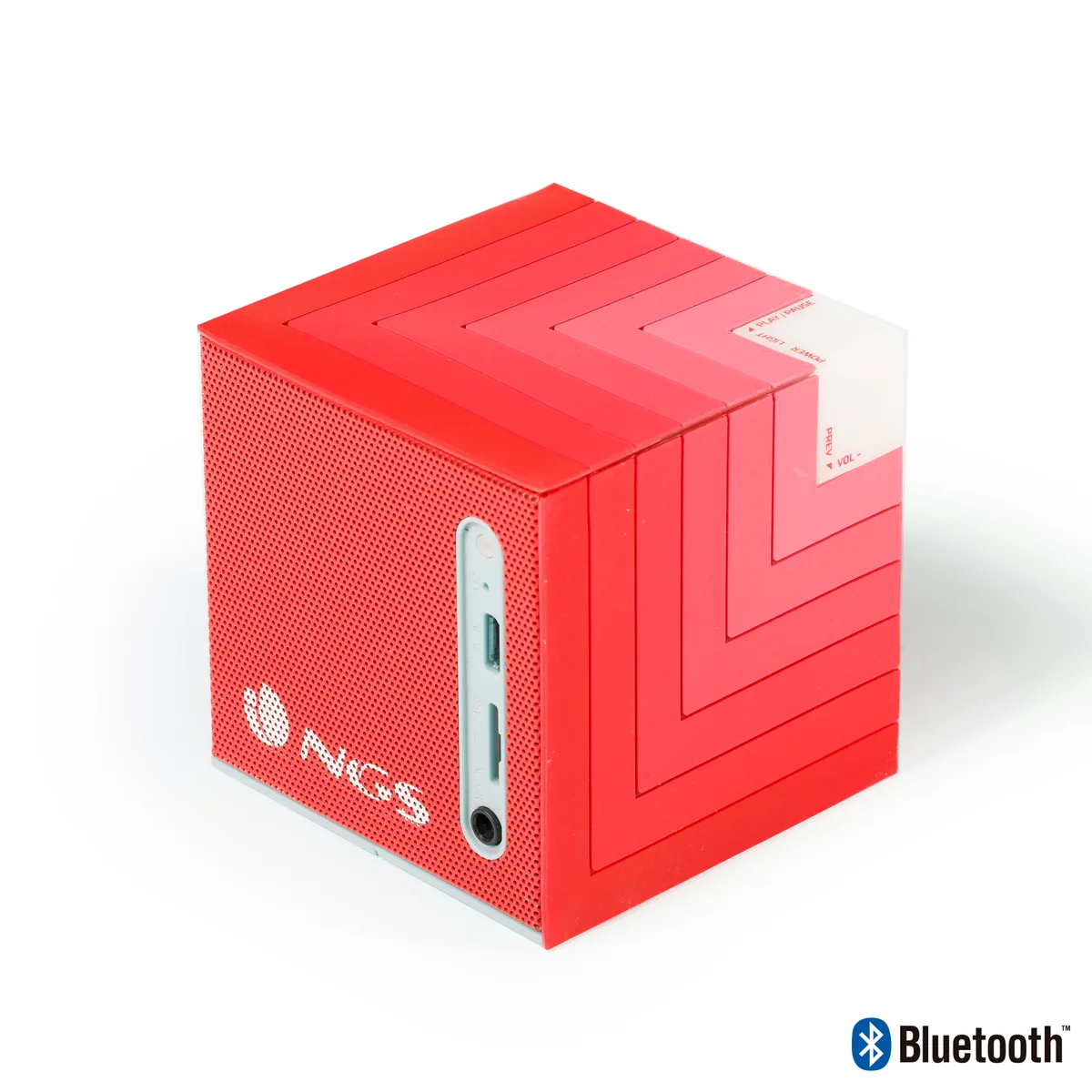 Red cube-shaped Bluetooth speaker with LED lighting